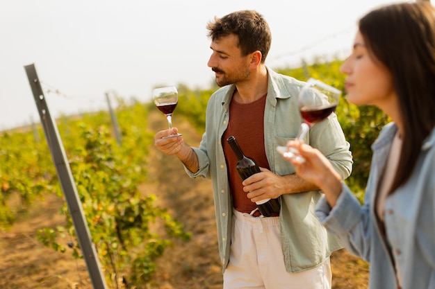 Photo a joyful couple enjoying wine tasting together in a sunny vineyard during the golden hour surrounded by lush green grapevines