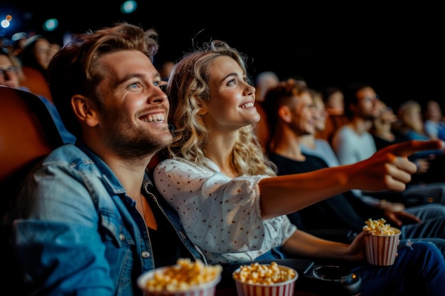 A joyful couple enjoys a movie night in a cozy cinema Laughter fills the air as they share popcorn A perfect date captured in vibrant colors Generative AI