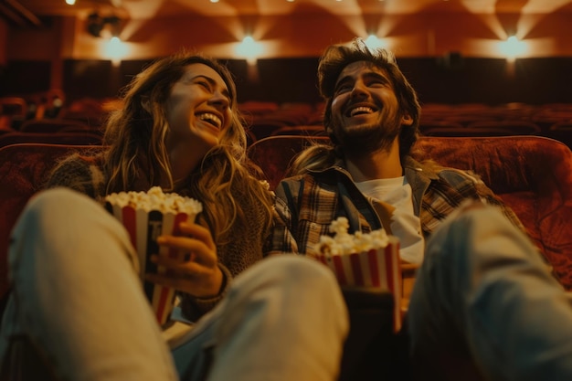 A joyful couple enjoys movie night in a cozy theater They share laughter and popcorn together This captures the essence of love and entertainment Generative AI