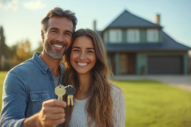 Joyful Couple Holding Keys to Their New Home in Front of a Charming Green House