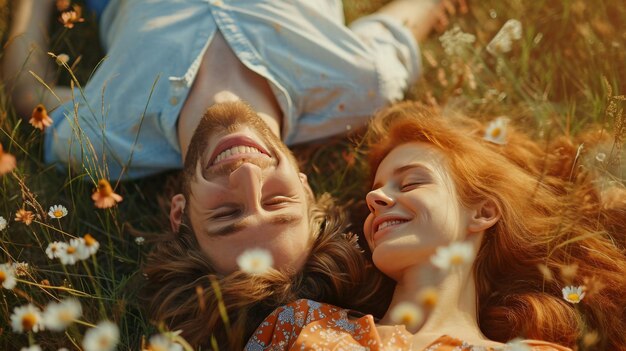 Photo joyful couple lying in vibrant wildflower field smiling and enjoying beauty of nature