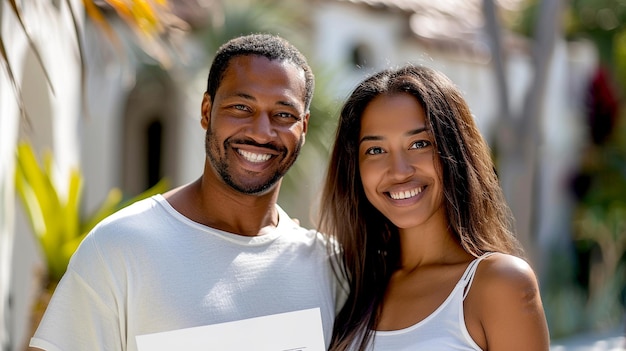 A joyful couple standing outdoors while holding legal documents