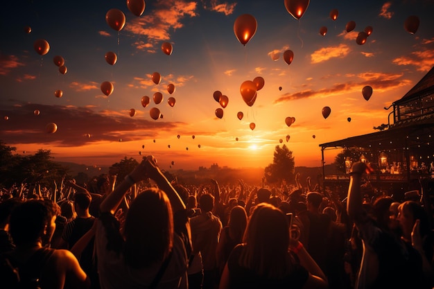 joyful crowd of people at the sunset on the partyfestive event