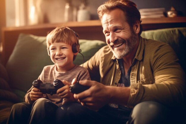 Photo joyful dad and son with joysticks playing video games at home boy distracting father with hand generative ai