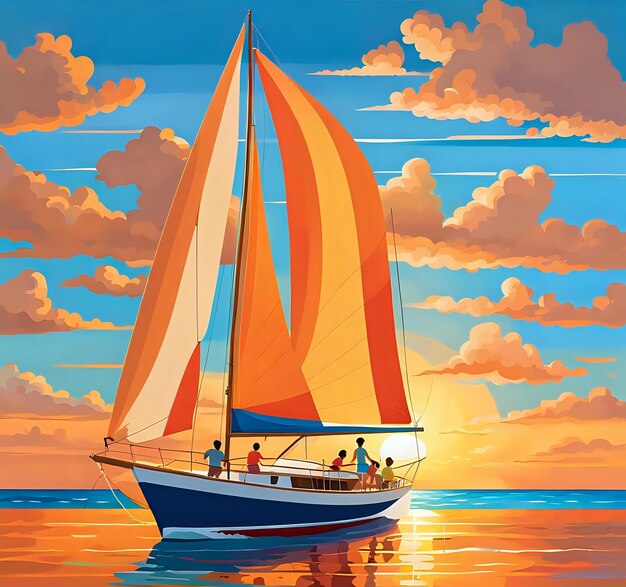 Joyful Dance of Sailing Boat in Ocean Sun