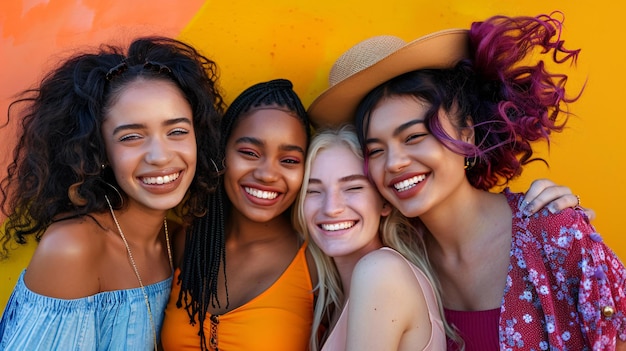 Joyful diverse friends hugging and laughing