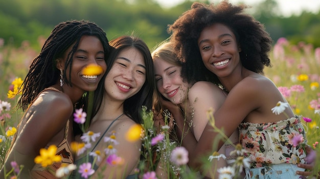 Joyful Diverse Women Friends in Blooming Wildflower Field