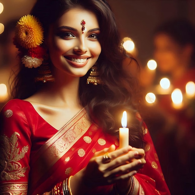 Photo joyful diwali celebration woman holding candle at cultural festival