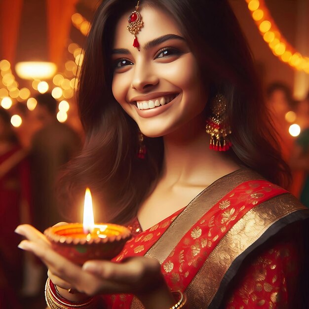 Photo joyful diwali celebration woman holding candle at cultural festival