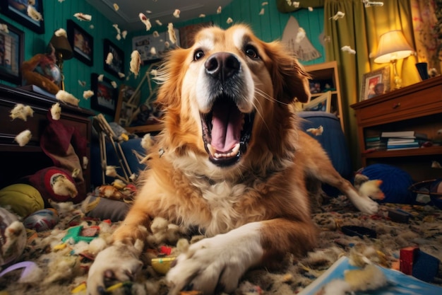 Joyful dog amidst playtime chaos