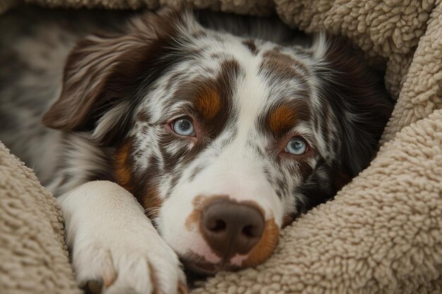 Photo joyful dog in a cozy bed photo