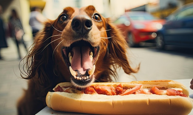 Joyful dog delightfully devours hot dogs embodying the ultimate foodie moment Created with generative AI tools