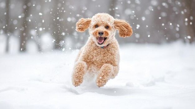 Photo a joyful dog leaps through falling snow showcasing happiness and playfulness in winter