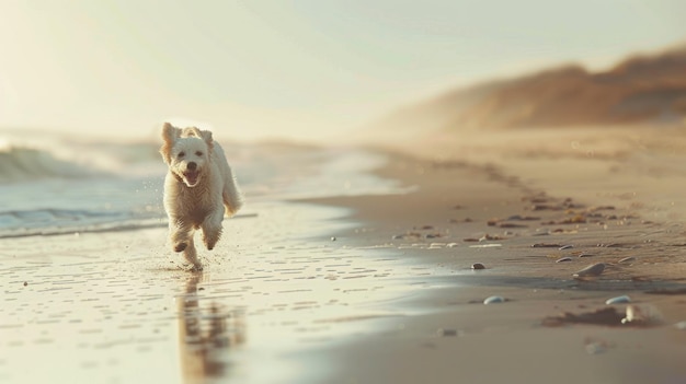 Joyful Dog Running on the Beach A dog enjoys freedom running along the wet sand of a beach with water splashing around during a beautiful sunset