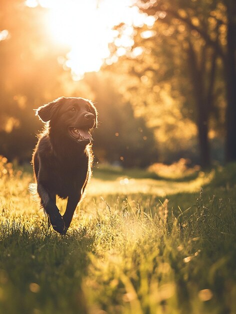 Photo joyful dog running in sunlit meadow happy pet moments