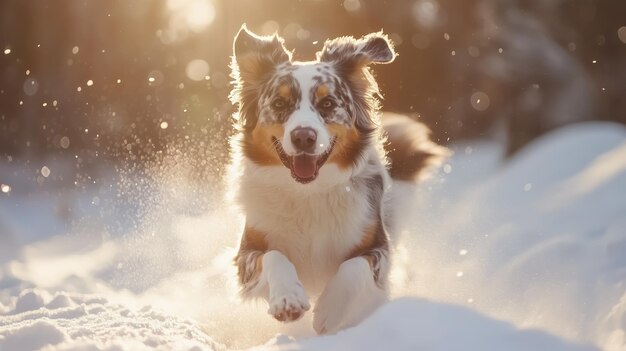 A joyful dog running through snowy terrain on a bright winter day with sunlight filtering through trees