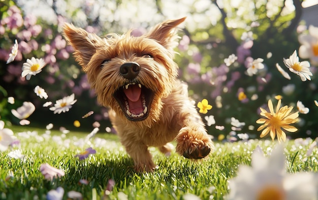 A joyful dog runs through a flowerfilled garden on a sunny day capturing pure happiness and energy in nature