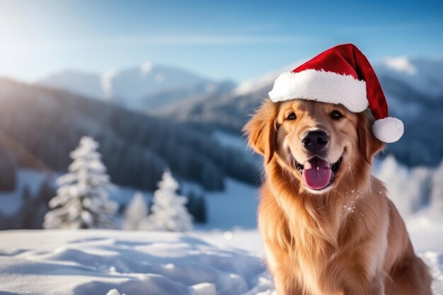 Joyful Dog In Santa Hat Against Winter Landscape