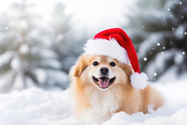 Joyful Dog In Santa Hat Against Winter Landscape