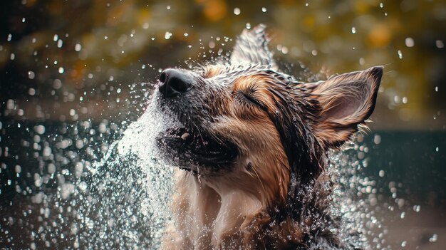 Photo a joyful dog shakes off water droplets after splashing in a sunny backyard during a warm afternoon