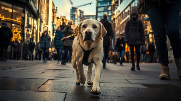 Photo a joyful dog strolls through a bustling city street the vibrant urban setting is filled with people this image captures the essence of companionship and city life ai