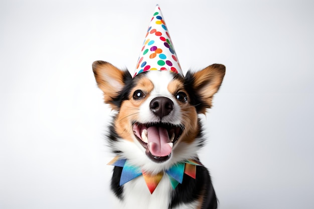 Joyful dog wearing a bright birthday hat tongue lolling out in a cheerful pant white background