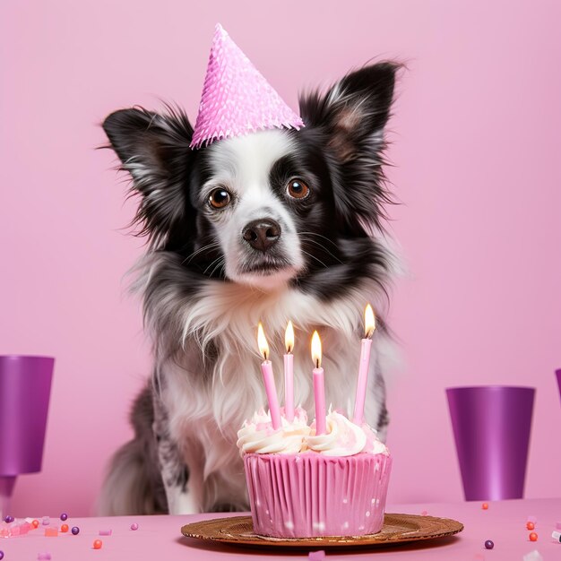 Joyful dog wearing a bright birthday hat