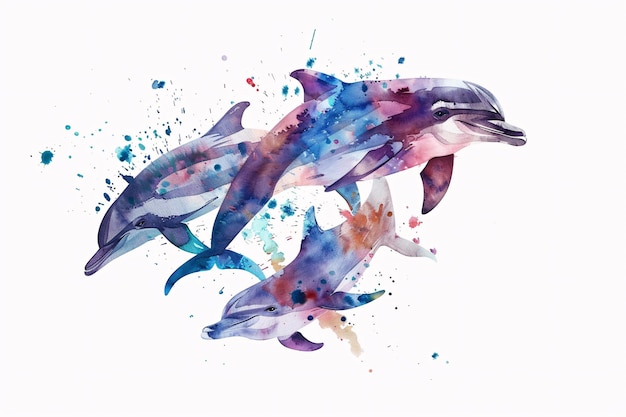 Joyful Dolphin Family in Watercolor Vibrant Ocean Creatures on a White Canvas