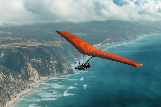 Photo joyful duo soaring over a breathtaking coastal landscape