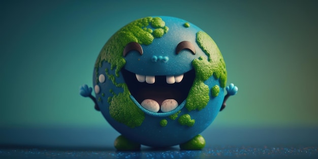 Joyful Earth character laughting on blue background Happy Earth day World laughter day Generative ai