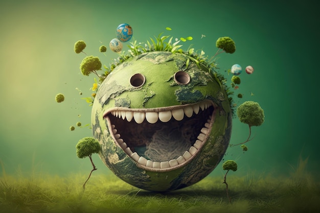 Joyful Earth character laughting on green background Happy Earth day World laughter day