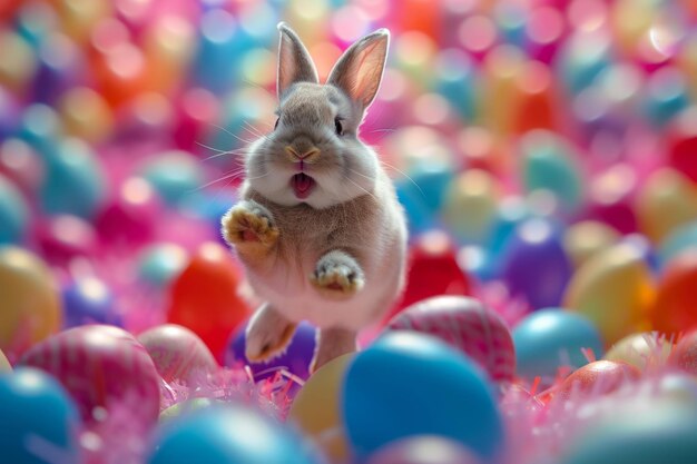 Joyful Easter Bunny with Colorful Eggs Backdrop