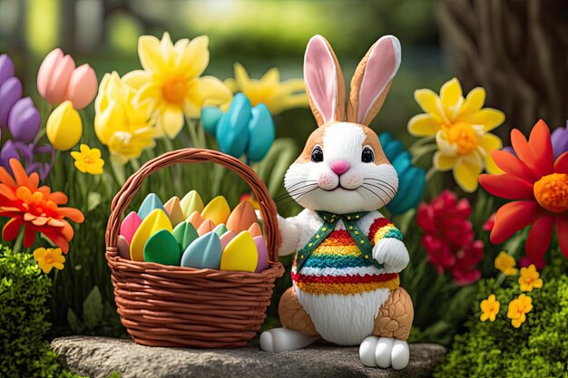 Joyful Easter Bunny with Egg Basket generative AI