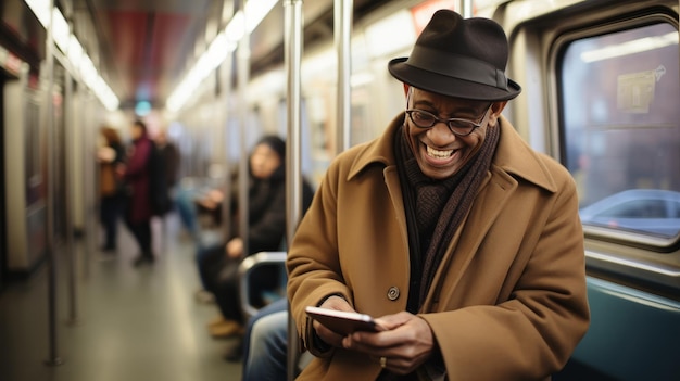 Joyful elderly african american man texting and laughing on nyc subway train using social media