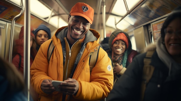 Joyful elderly african american man texting and laughing on nyc subway train using social media