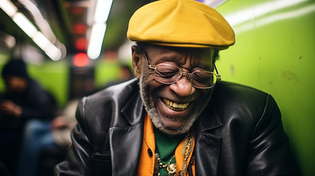 Joyful elderly african american man texting and laughing on smartphone in new york subway train