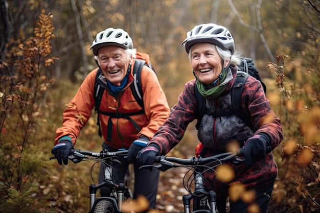 A joyful elderly couple rides mountain bikes in the mountains embracing an active and happy old age Generative AI