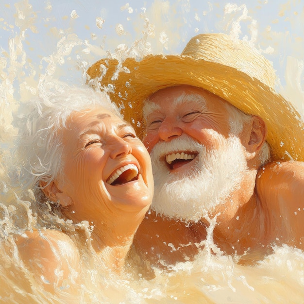 Joyful elderly couple splashing in ocean waves under the sun during a summer day