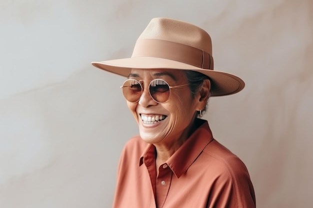 Joyful Elderly Lady in Stylish Beige Attire and Classic Glasses Laughing with Delight