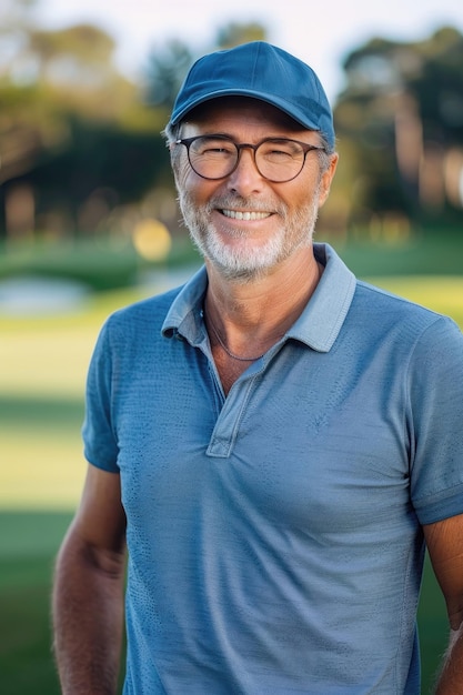 Joyful elderly man in blue polo on golf field