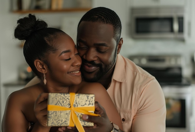 joyful Embrace African American Couple Sharing a Heartfelt Moment with a Festive Gift