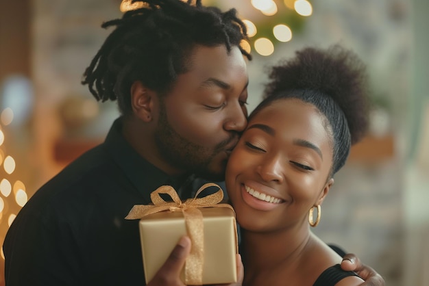 joyful Embrace African American Couple Sharing a Heartfelt Moment with a Festive Gift