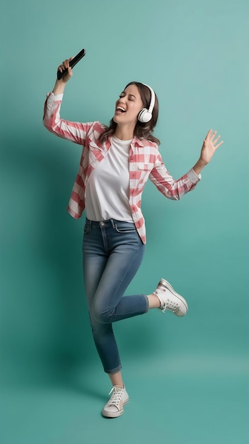 Joyful European lady in headphones singing favorite song and using cellphone as mic dancing and ju