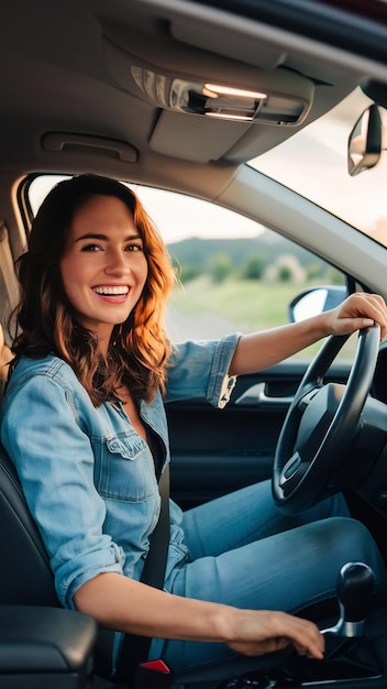 Joyful European woman driving car smiling at camera sitting inside touching steering wheel shot