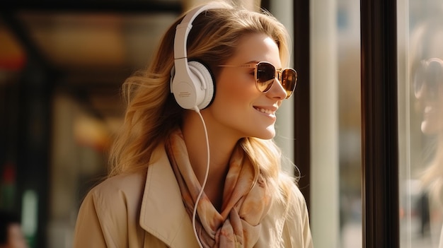 Photo joyful european woman selecting road playlist in car using auto audio system on dashboard