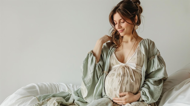 Photo a joyful expectant mother sits in a serene setting wearing a soft flowy dress her hand gently cradles her baby bump as she looks down with a peaceful smile