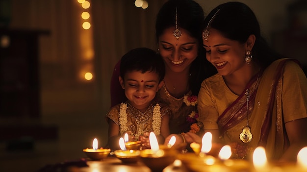 A joyful family celebrating Diwali by lighting diyas at home in the evening