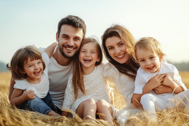 Joyful family enjoying a sunny day in a golden wheat field with smiling children