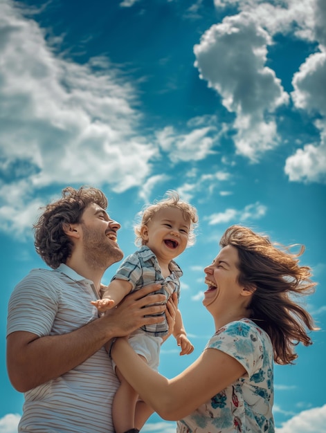 Photo joyful family enjoying a sunny day outdoors with their happy toddler under a blue sky