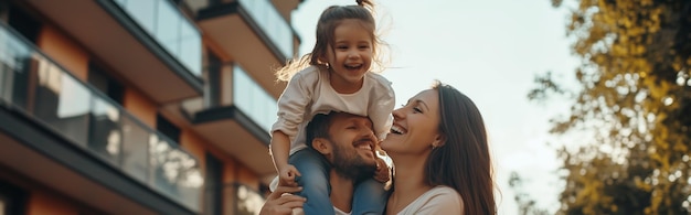 A joyful family enjoying time together outdoors in the city during a sunny afternoon